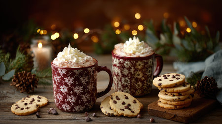 Two mugs of hot drinks are presented with whipped cream topping, beside cookies on a wooden surface. The image features a warm color palette, with soft lighting and blurred background bokeh. This composition may be useful for illustrating concepts like holiday celebrations, cozy moments, or food-related themes. The image can be used for a wide range of commercial and editorial applications.の素材