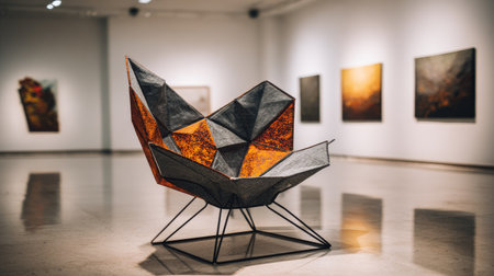 A contemporary geometric chair takes center stage in a gallery setting, showcasing an innovative design. The chair's patchwork of colors and angles is contrasted by abstract paintings on the walls. The image displays a minimalist composition, natural lighting, and offers potential applications in design, architecture, and artistic projects.の素材