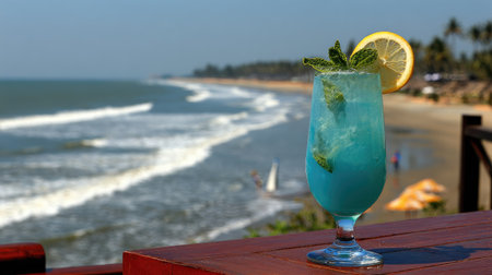 A vibrant blue cocktail, garnished with lemon and mint, sits atop a wooden table with a scenic ocean view. The composition features soft focus in the background, emphasizing the drink's details, color and texture. It is likely created to be used for advertisement of food and beverages or for use in editorial content.の素材