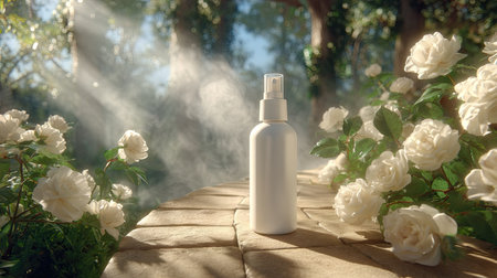 A white spray bottle sits on a rustic wooden surface, surrounded by lush white rose bushes. Soft sunlight filters through a foggy background, creating a dreamy atmosphere. The scene evokes tranquility and freshness. Suitable for cosmetics, wellness, and beauty product promotion, or general lifestyle imagery.の素材