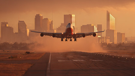 An airplane prepares to land on a runway during a sunset, silhouetted against a city skyline. The image showcases warm colors, with a focus on the airplane and runway. Its composition utilizes depth and a soft atmospheric perspective. Suitable for use in travel, transportation, and business-related publications.の素材