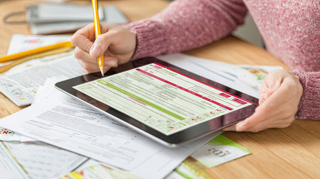 An individual is depicted using a tablet computer and writing with a pencil while surrounded by financial papers. The scene is lit by natural light, highlighting the textures of the documents and the device. The image may be suitable for articles about finances, accounting, or remote work concepts.の素材