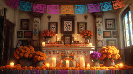 This image depicts an ornate altar adorned with colorful paper banners, portraits, and vivid orange marigolds. The arrangement includes glowing candles and a central skull image, with a background featuring architectural details and natural light. Suitable for illustrating cultural traditions or decorative themes, potentially for editorial or commercial projects.の素材