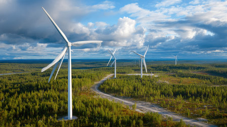 Several wind turbines stand tall amidst a vibrant green forest, their white blades turning. A winding road cuts through the landscape under a partly cloudy sky. The scene features natural light and could be suitable for various commercial applications focusing on renewable energy or environmental themes.の素材