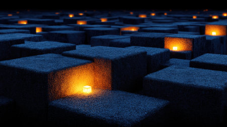 A collection of dark blue textured cubes is arranged in a grid. Several cubes feature glowing orange light sources emanating from within. The scene is bathed in a dim, ambient lighting, suggesting a nighttime setting. The image is suitable for use in design projects, conceptual illustrations, and other commercial applications.の素材