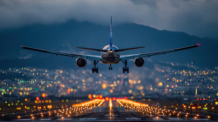 An airplane is captured in motion during its takeoff. The image displays a dark silhouette set against a night sky. The scene is illuminated by the runway lights and distant city lights, which suggests a commercial or editorial use.の素材