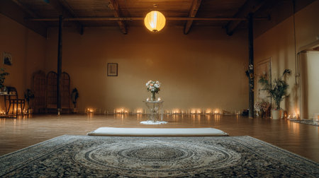 An empty meditation studio interior is presented with soft, warm lighting. A large patterned rug leads to a yoga mat in front of a table with flowers. Rows of candles and a round pendant light creates a tranquil and inviting atmosphere. Suitable for wellness or lifestyle concepts.の素材