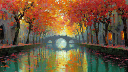 A vivid painting depicts a river scene during autumn. The artwork showcases trees with fiery red and orange foliage, reflecting in the water. A bridge arches across the water, and the style suggests a painterly approach with visible brushstrokes. It might be suitable for decorative prints, or use in editorials related to nature.の素材