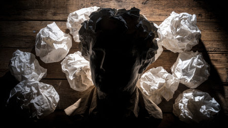 A striking image features a shadowed bust surrounded by multiple crumpled balls of paper, suggesting a concept. The lighting creates dramatic contrast across a wooden surface. The arrangement hints at ideas, creation, or reflection. This composition could be suitable for various commercial and editorial needs.の素材