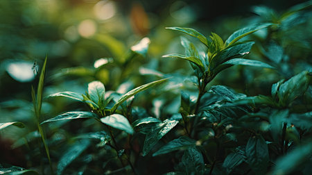 This image showcases a collection of vibrant green leaves. The composition highlights the textured surfaces and shapes of the foliage, illuminated by sunlight creating a natural, outdoor setting. The photo could be used for various projects needing an organic, fresh aesthetic, such as for environmental or wellness content.の素材