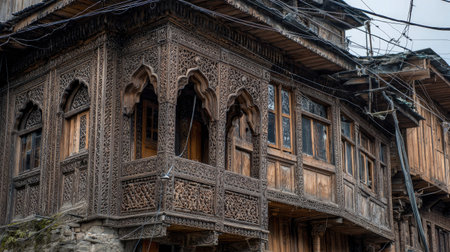 This image showcases detailed wooden architecture, depicting a traditional building exterior during daylight. The composition highlights carved wooden elements, windows, and a balcony. The warm tones and textures of the wood, along with the ambient lighting, create an inviting aesthetic, suitable for various commercial and editorial purposes.の素材