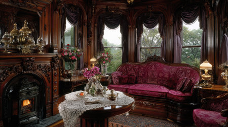 This image depicts a classic interior living room, featuring antique furniture. The room showcases a sofa, table, and fireplace, all within a space with large windows. The composition utilizes warm lighting with dark wood paneling. This scene is suitable for historical or design-related projects.の素材