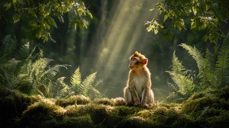 A solitary monkey is depicted in a forest scene, bathed in sunlight filtering through the canopy. The image showcases lush green vegetation, including ferns and mossy ground, creating a naturalistic setting. The composition is likely suitable for various commercial and editorial applications requiring imagery of wildlife and nature.の素材