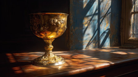An antique golden chalice stands on a wooden surface, illuminated by strong light from a nearby window, creating shadows. The chalice features intricate carvings. The composition emphasizes depth and texture with light play. The scene's ambiance suggests themes suitable for editorial or historical projects.の素材