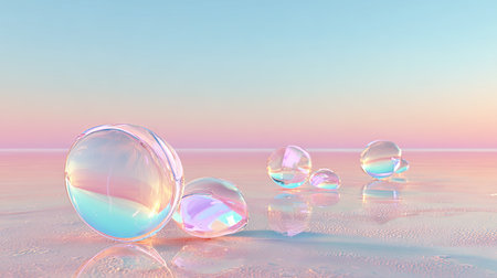An abstract illustration showcases translucent spheres with iridescent surfaces. The spheres are arranged across a reflective plane, bathed in soft, pastel lighting. The color palette shifts smoothly, creating a calming atmosphere. Suitable for use in design projects or advertising materials.の素材