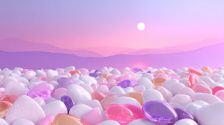 An abstract scene presents numerous pastel-colored, organic-shaped objects across the foreground. The composition, rendered in a soft, almost dreamlike style, features a gradient sky transitioning from pink to purple. The image suggests potential uses for decorative elements, background designs, or artistic illustrations, suitable for various design projects.の素材