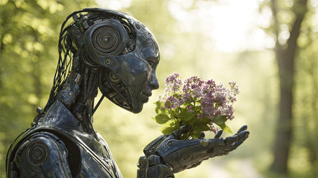An artistic representation presents an artificial human figure delicately smelling a bouquet of purple flowers. The metallic figure is positioned outdoors with a blurred background of greenery and soft sunlight. This image could be useful for projects involving science fiction, environmental themes, or conceptual design in marketing.の素材