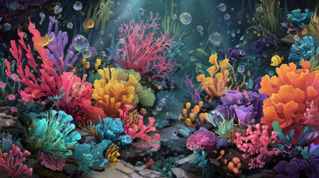 This artwork showcases a vivid underwater environment, abundant with diverse coral formations. The scene bursts with bright colors, featuring various textures and a rich composition. The depiction suggests a thriving marine ecosystem, potentially suitable for illustrations related to environmental themes. It may be used for decorative or educational materials.の素材