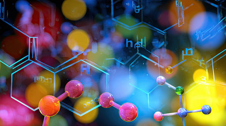 An abstract illustration showcases interconnected molecular structures with vibrant spheres and lines, set against a complex, multicolored background. The composition features bokeh effects and artistic lighting, suggesting a technological or scientific context. This image is suitable for various commercial and editorial applications.の素材