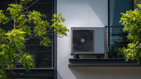 An air conditioning unit is mounted on the outside of a building, showcasing a modern design. Lush green foliage frames the shot, offering a natural contrast. The scene is bathed in daylight, with a clean, crisp aesthetic suitable for a variety of commercial and editorial applications. It suggests themes of comfort and architecture.の素材