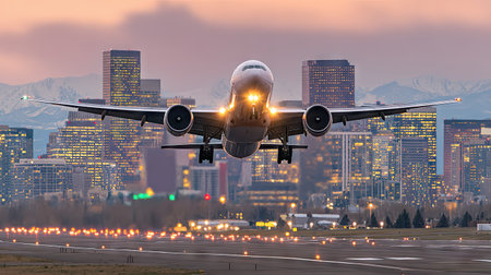 An airplane is depicted during takeoff against a backdrop of a city skyline at sunset. The image displays warm colors in the sky, complementing the airplane's illuminated features. This scene, rich in detail, would be suitable for various commercial purposes, including travel, aviation, or urban themes.の素材