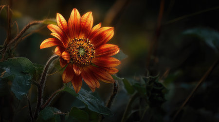 A sunflower with warm orange and yellow petals is captured in a soft-focus shot. The flower's textures are highlighted by subtle lighting. The composition is framed by dark foliage, creating a contrast. This image is suitable for a variety of editorial and commercial applications.の素材