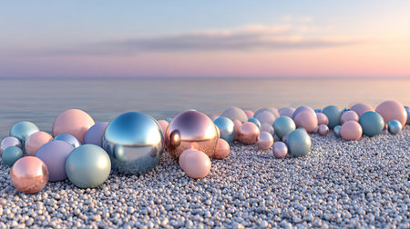 A collection of spheres with varying colors and reflective surfaces are arranged on a textured pebble surface. The spheres are pink, blue and metallic and create a sense of depth. The background features a calm sea under a serene sky, suggesting a tranquil outdoor environment. This image could be used for design projects and conceptual illustrations.の素材
