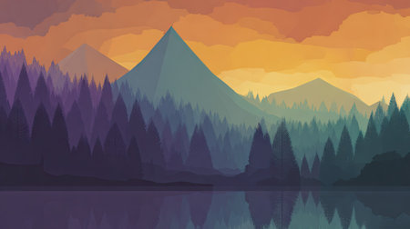 An abstract illustration presents a landscape of silhouetted trees and mountains. The color palette includes gradients of purple, teal, and orange, suggesting a sunset. The composition features a reflective surface, possibly water, enhancing the symmetrical design. This image could be used for various design projects, including websites and print materials.の素材