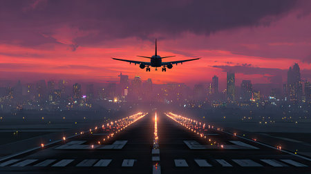 An airplane is seen descending toward a runway as dusk settles, illuminated by lights. The silhouette of the plane contrasts against a vibrant, colorful sky. The composition features a city skyline in the background. The image could be used for travel, transportation, or commercial purposes.の素材