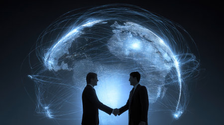 Two individuals in suits shake hands, a gesture of agreement, with a glowing network sphere surrounding them. The image presents a dark, professional setting illuminated by light. It may suggest teamwork, collaboration, or a business transaction within a digital environment for various commercial purposes.の素材