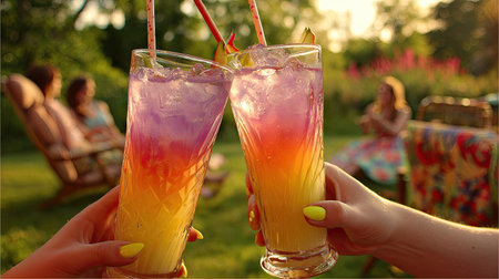 Two hands clink glasses of vibrant cocktails, featuring a layered gradient of colors. The focus is on the drinks' textures and the act of toasting. Soft sunlight bathes the scene, hinting at an outdoor gathering. Ideal for illustrating celebratory moments and refreshment concepts, suitable for various commercial applications.の素材