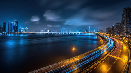 A nighttime cityscape showcases a long bridge, multiple buildings, and a highway with light trails. The composition features a long exposure, capturing the movement of vehicles. The scene is dominated by cool blue tones from building illumination and the sky. Suitable for various commercial applications, including travel and infrastructure themes.の素材