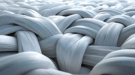 This image presents a detailed close-up of a woven fabric, displaying a complex interplay of threads. The texture is emphasized through soft, diffused lighting and a muted color palette. This style suggests a focus on materials and could be used for illustrating textile design or highlighting fabric properties in various contexts.の素材