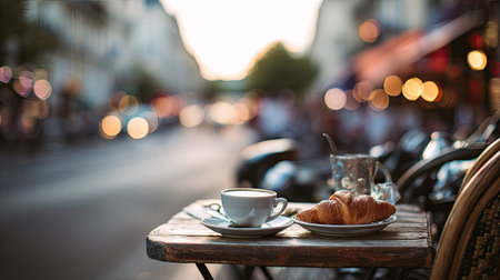 A cup of coffee and a croissant rest on a wooden table in an outdoor cafe setting. The composition features soft focus with warm lighting. The image could be used for commercial purposes, such as illustrating cafe culture or food-related content.の素材