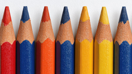 This image showcases a collection of colored pencils, each with a distinct hue, arranged in a linear composition. The pencils' wooden bodies contrast with the vibrant tips. Soft lighting illuminates the scene. This photo could be used in educational material, stationery promotions, or creative design projects.の素材