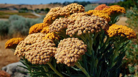 The image showcases clusters of yellow and brown wildflowers in sharp focus. The composition features a close-up perspective, revealing detailed textures and structures. Natural lighting highlights the colors, enhancing the visual appeal. Suitable for various commercial applications, this image could be used in design or educational materials.の素材