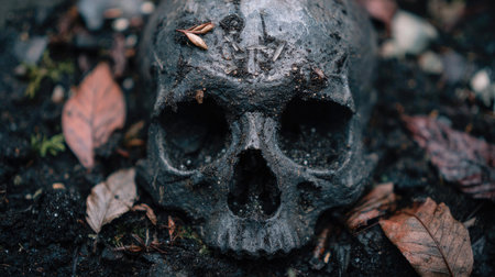 This close-up image shows a weathered skull resting on the forest floor, surrounded by decaying leaves and dark soil. The skull exhibits a textured surface and aged appearance. The lighting creates shadows, enhancing the details of the skull. This composition could be used for various projects needing a depiction of mortality.の素材
