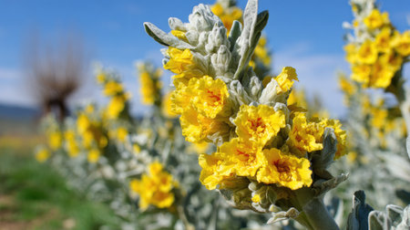 This image showcases a close-up view of bright yellow flowers with soft gray foliage, set against a backdrop of a clear blue sky. The composition uses selective focus, highlighting the textured petals and intricate details. It could be used for various commercial and editorial projects.の素材