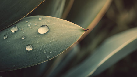 A close-up image showcases a green leaf adorned with glistening water droplets. The lighting is soft, highlighting the texture and details of the leaf. The shallow depth of field creates a blurred backdrop, enhancing the focus on the water and leaf. This image could be used for various purposes, including nature, environmental, or educational content.の素材