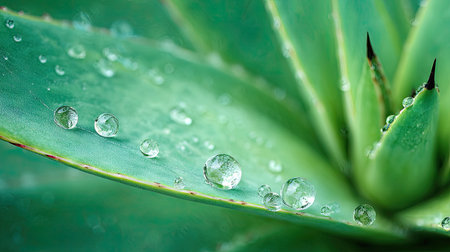 This close-up showcases a lush, green agave plant adorned with glistening water droplets. The image highlights the plant's textured leaves and spiky tips, employing shallow depth of field. It is likely taken outdoors during the daytime, with natural lighting. Suitable for projects focusing on nature, botanical studies, and ecological themes.の素材
