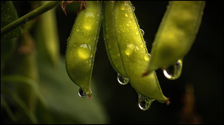 The image presents a close-up view of vibrant green pea pods, each adorned with glistening water droplets. The pods exhibit a smooth texture, illuminated by a soft, natural light that creates highlights. The dark background enhances the subject's details, making it suitable for various commercial and editorial applications.の素材
