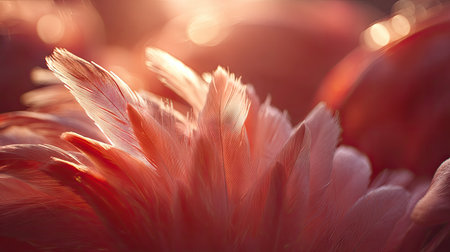 An abstract close-up showcases the delicate feathers of a flamingo bathed in warm sunlight. The image highlights soft textures and a palette of red and orange tones. Blurry bokeh creates a dreamy background. This image is suitable for various commercial and editorial applications.の素材