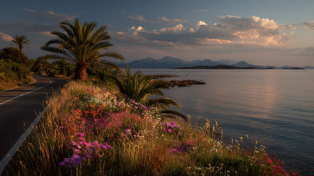 A scenic coastal landscape displays a road paralleling a calm sea. Palm trees and vibrant flowers line the roadside, while the sky is filled with clouds. The soft lighting suggests either sunrise or sunset. This image is suitable for various commercial applications including travel and nature related themes.の素材