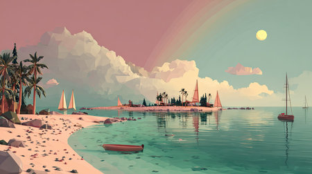 An illustrative image presents a tranquil beach scene with calm waters, sailboats, and an island in the distance. The color palette features soft pastels, creating a peaceful atmosphere. The composition suggests a day setting with balanced lighting. This image could be suitable for various editorial and commercial projects.の素材