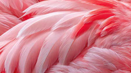 The image showcases a close-up view of flamingo feathers, presenting a spectrum of pink hues. The textures and forms create an abstract composition. The lighting enhances the detail of the feather structure. Suitable for various commercial applications, the visual conveys elegance and artistic flair.の素材