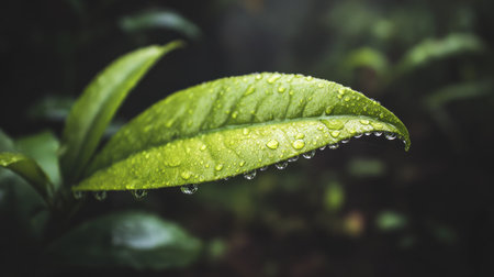 A detailed close-up showcases a vibrant green leaf adorned with glistening water droplets. The leaf exhibits a textured surface, and is set against a blurred, dark backdrop. The composition emphasizes natural beauty, suggesting potential use in visual projects related to nature, health, or environmental themes.の素材