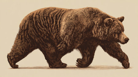 A large brown bear strides across a cream-colored background. The illustration emphasizes the bear's size and textured fur, utilizing detailed shading and realistic anatomical proportions. This image could be useful for educational materials, wildlife publications, or design projects needing an animal graphic.の素材