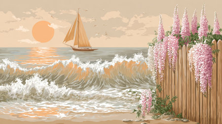 This illustration depicts a sailboat navigating the ocean waves, next to a wooden fence adorned with flowering wisteria. Warm colors and soft textures create a serene atmosphere. The composition suggests a tranquil coastal setting, suitable for various editorial and commercial applications.の素材