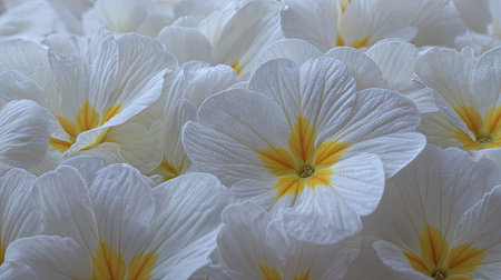An overhead shot shows a collection of white primrose flowers, each with yellow centers. The petals exhibit a delicate, textured quality. The image uses natural lighting, casting soft shadows and highlighting the details of the blossoms. Suitable for use in various design projects, including floral-themed marketing materials.の素材