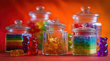 Several glass jars filled with colorful gummy candies are displayed in this image. The candies, in various shapes and colors, are arranged against a gradient background of warm colors. The scene is well-lit, highlighting the transparency of the jars and the texture of the candies. It can be used in various editorial or commercial projects.の素材